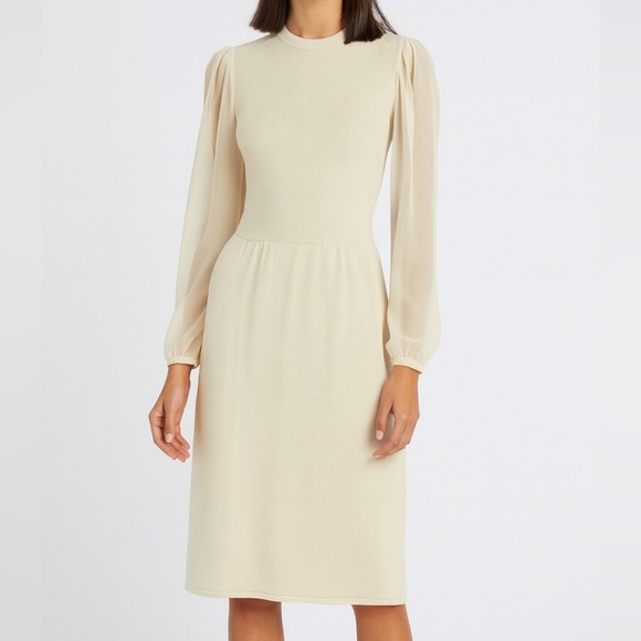 St. John For I.Magnin Cream Knit Sheer Sleeve Midi Dress